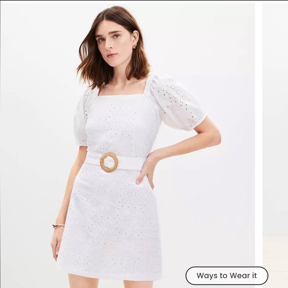 Loft White Eyelet Square Neck Mini Dress with Belt- Size 8